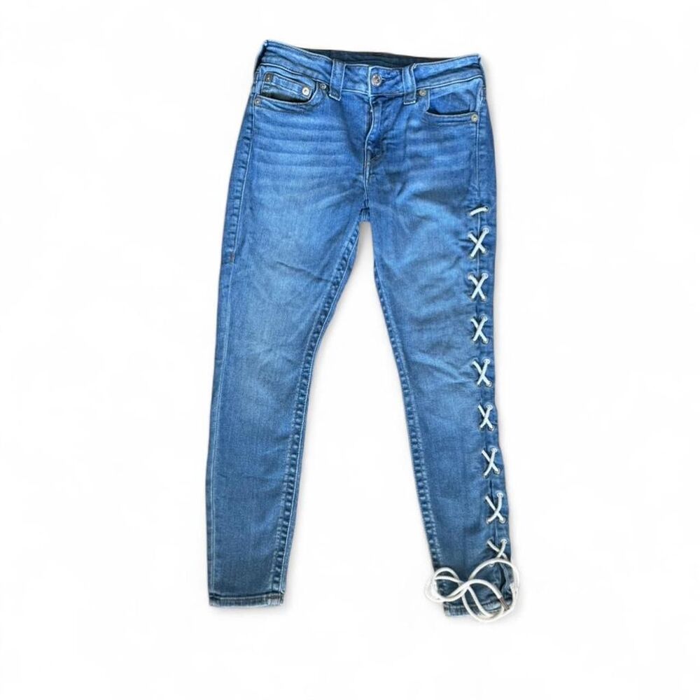 True Religion Women’s Lace Up Skinny Jeans Size 28 Medium Wash Y2K Festival